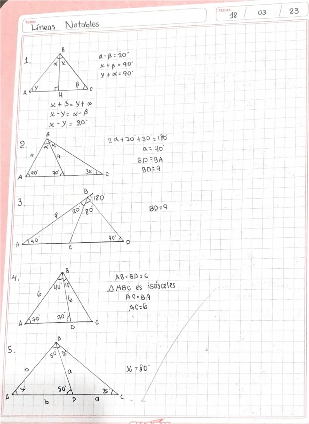 TEMA
Líneas Notables
B
1.
AY
β
C
H
x + β = y + x
x-y = 2-β
x-y = 20
B
2.
a
9
α-β:20
x + β = 90°
y + x = १०
20+70+30=180
α= 40
A 670
70
30C
3