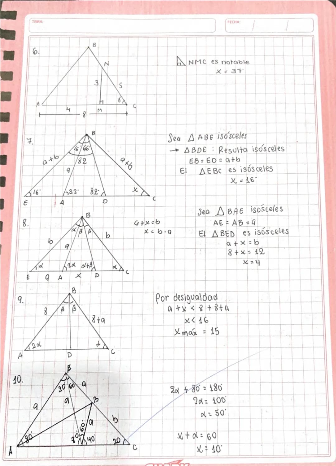TEMA
Líneas Notables
B
1.
AY
β
C
H
x + β = y + x
x-y = 2-β
x-y = 20
B
2.
a
9
α-β:20
x + β = 90°
y + x = १०
20+70+30=180
α= 40
A 670
70
30C
3