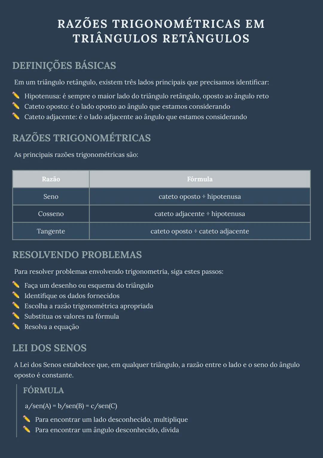 # RAZÕES TRIGONOMÉTRICAS EM
# TRIÂNGULOS RETÂNGULOS

## DEFINIÇÕES BÁSICAS

Em um triângulo retângulo, existem três lados principais que pre