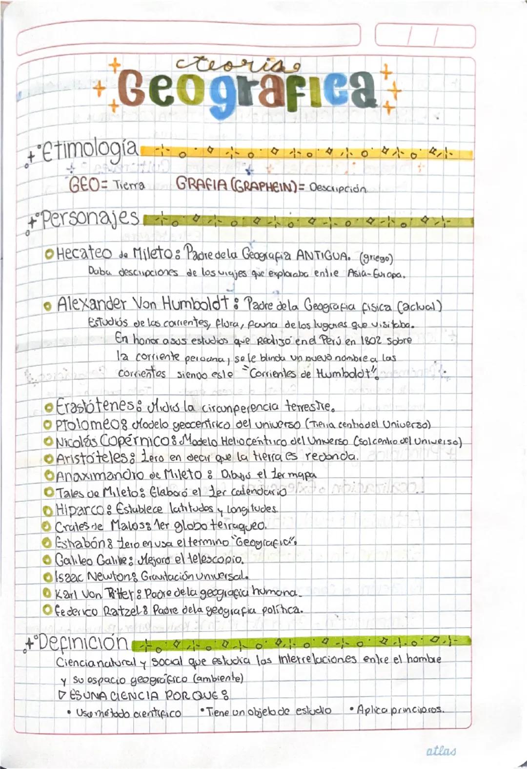 # teoría
+**Geografía**+

+**etimología**
- GEO= Tierra     GRAFIA (GRAPHEIN)= Descripción

+**Personajes**
- Hecateo de Mileto: Padre de la
