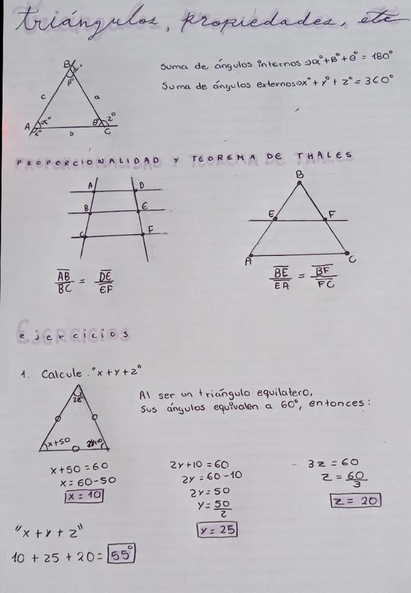 triángulos, propiedades, etc
A
b
Suma de ángulos internos ->α°+B+0 = 180°
Suma de ángulos externos->x°" + 1° +2° = 360°
a
PROPORCIONALIDAD Y