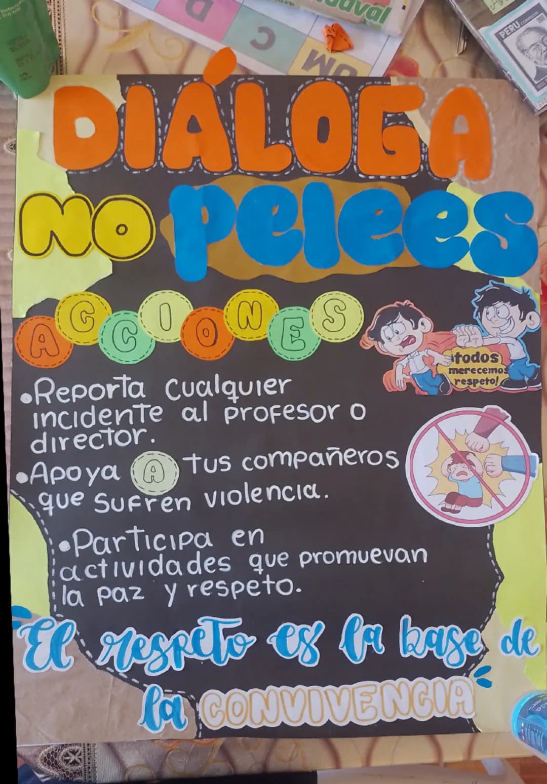 --- OCR Start ---
val
MC
PERU
DIALOGO
No pelees
ACCIONES
•Reporta Cualquier
incidente al profesor o
director.
•Apoyatus compañeros
que sufre