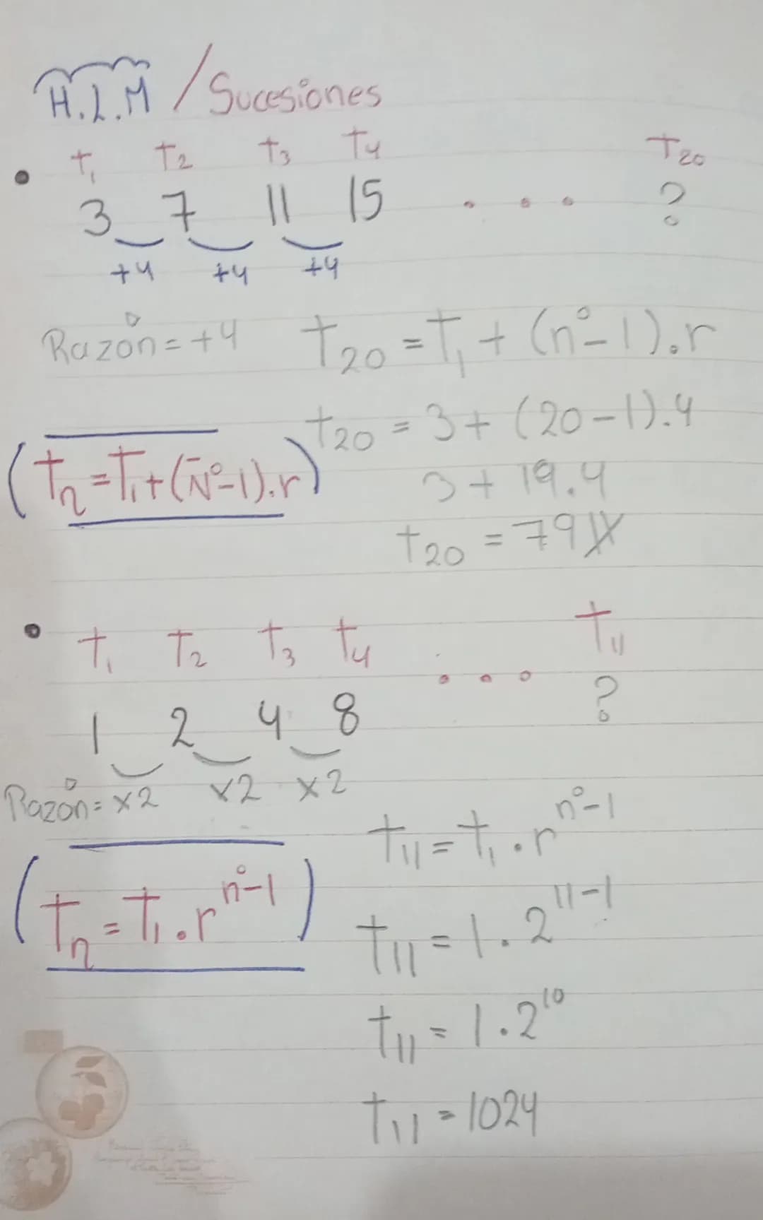 A..M/Sucesiones
• T
T₂
+3
Tu
3 7 11 15
3_7___
74
+4
Razon = +4
(t₁₂ = t₁+ (N = 1). r)
+4
T20
2
+20 = 4₁ + (n²= 1).r
+20=t₁ (n²=1).r
120 = 3+