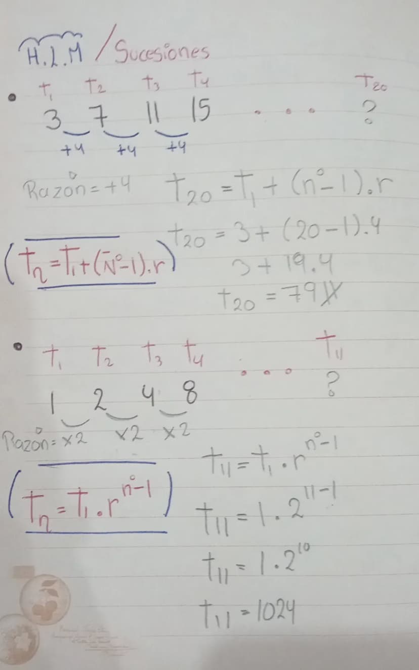 A..M/Sucesiones
• T
T₂
+3
Tu
3 7 11 15
3_7___
74
+4
Razon = +4
(t₁₂ = t₁+ (N = 1). r)
+4
T20
2
+20 = 4₁ + (n²= 1).r
+20=t₁ (n²=1).r
120 = 3+