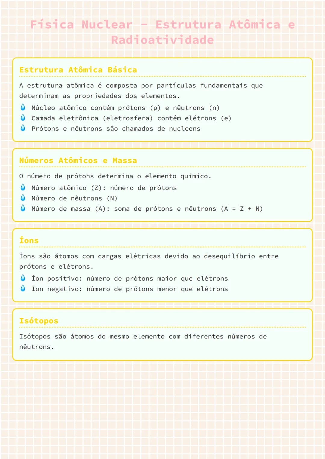 # Física Nuclear - Estrutura Atômica e Radioatividade

## Estrutura Atômica Básica

A estrutura atômica é composta por partículas fundamenta