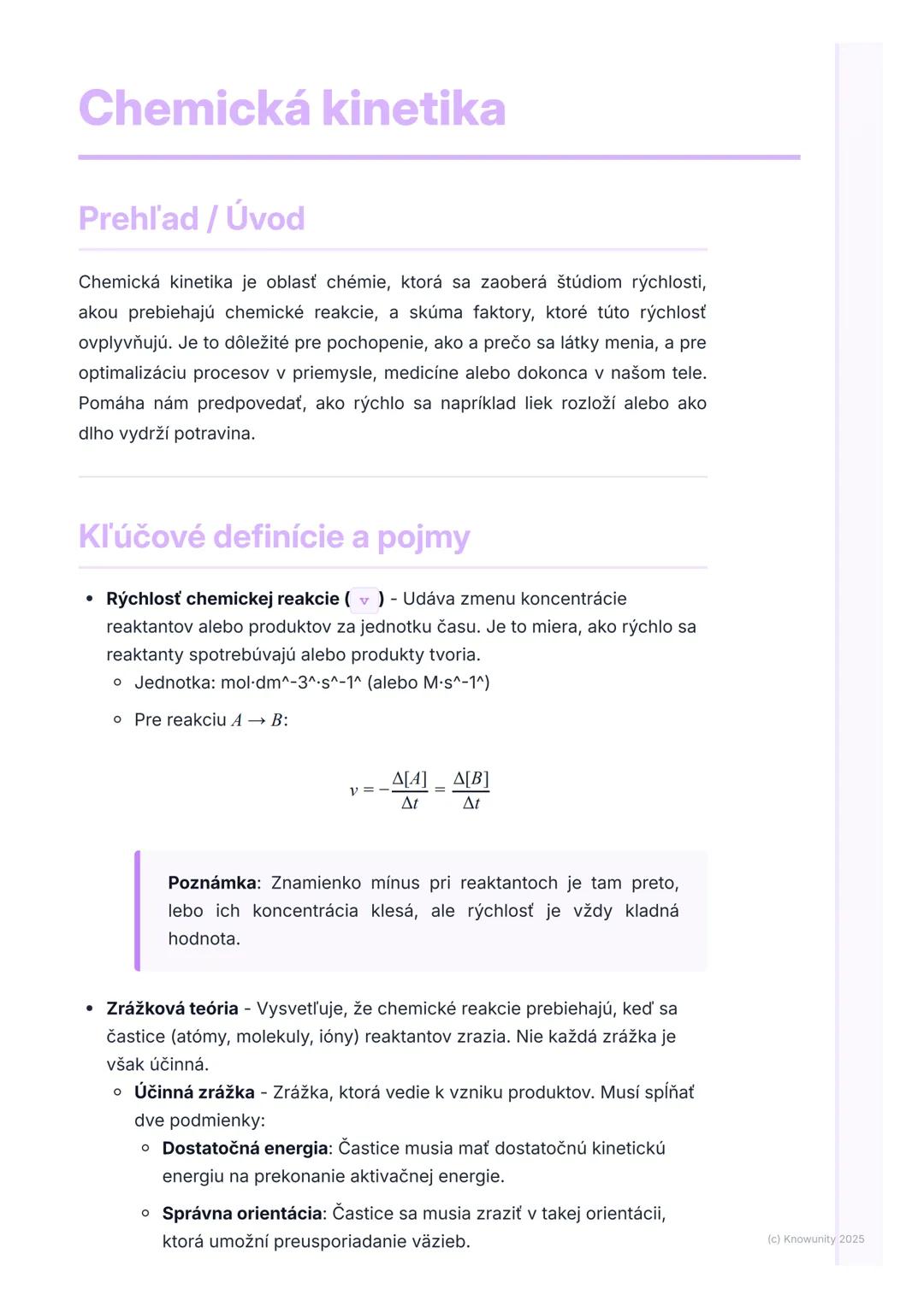 # Chemická kinetika

## Prehľad / Úvod

Chemická kinetika je oblasť chémie, ktorá sa zaoberá štúdiom rýchlosti,
akou prebiehajú chemické rea