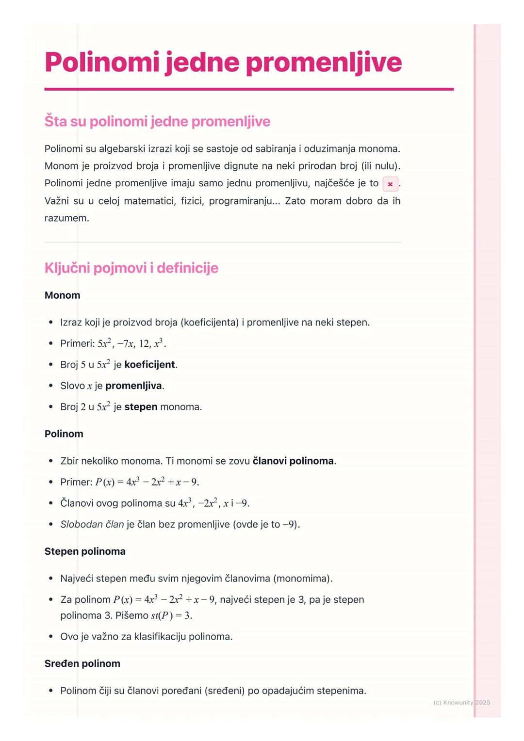 # Polinomi jedne promenljive

Šta su polinomi jedne promenljive

Polinomi su algebarski izrazi koji se sastoje od sabiranja i oduzimanja mon