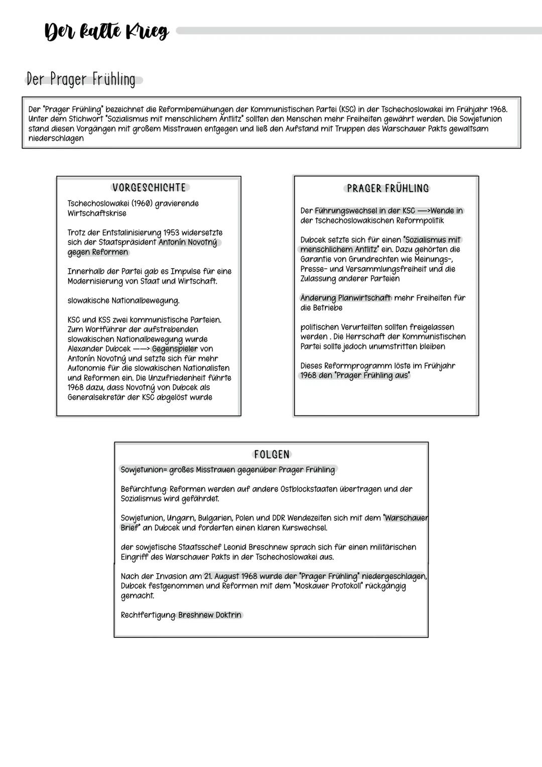 # Der kalte Krieg

## Der Prager Frühling

Der "Prager Frühling" bezeichnet die Reformbemühungen der Kommunistischen Partei (KSC) in der Tsc