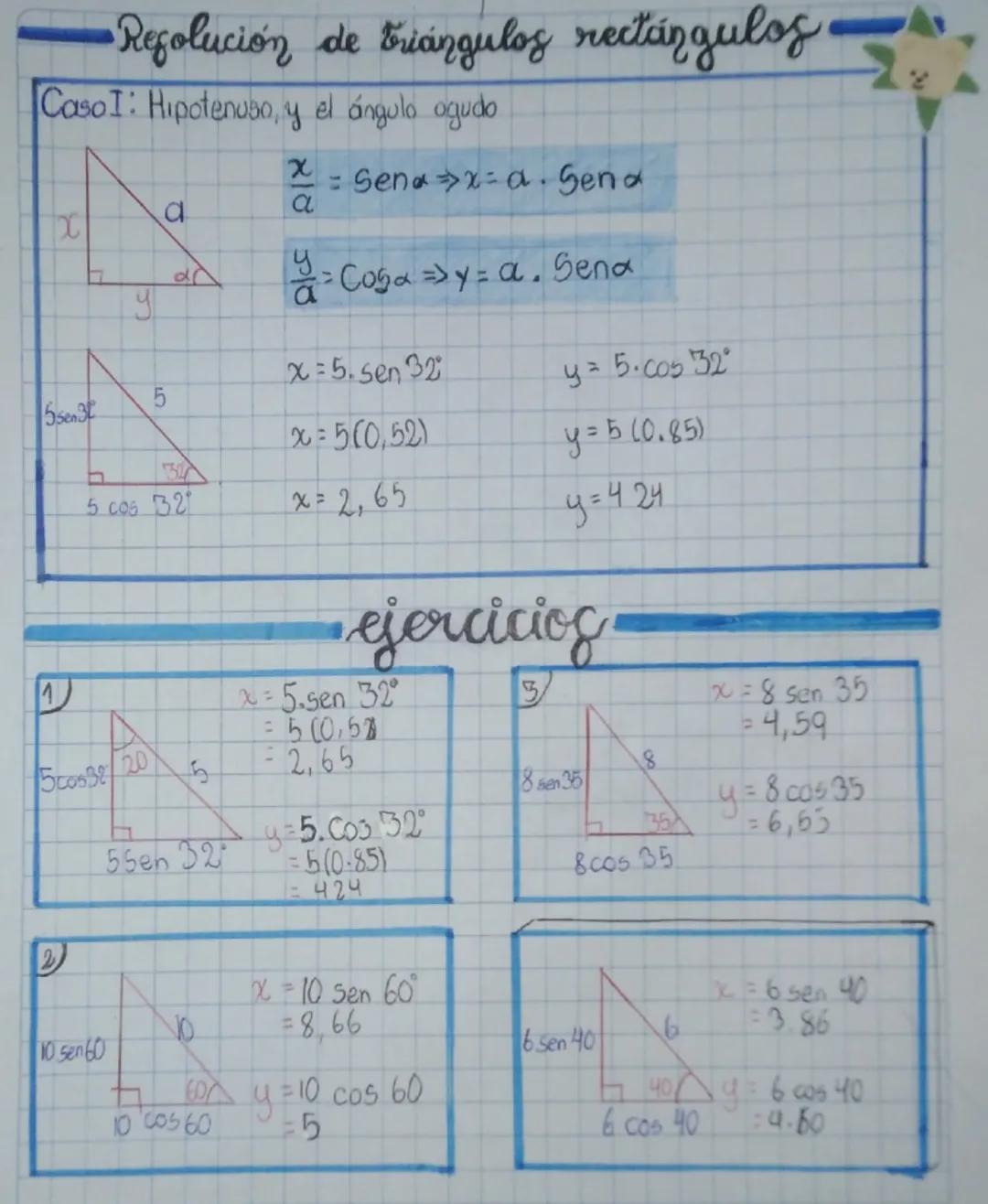 # Resolución de triangulos rectángulos-

Caso I: Hipotenuso, y el ángulo ogudo

$
\frac{x}{a} = Sena⇒x=a. Sena
$

$
\frac{y}{a} =Coga => y=a