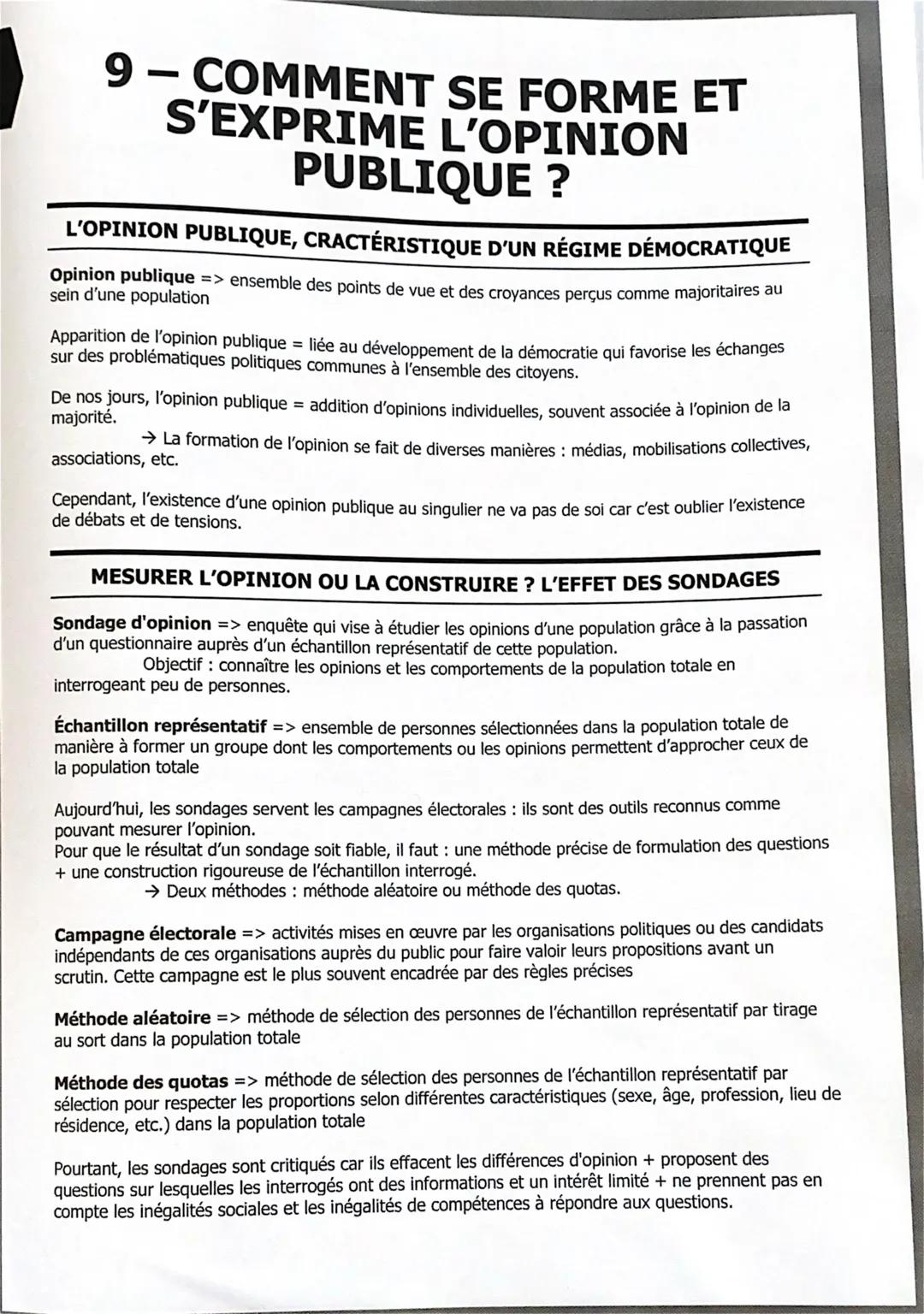 # 9 – COMMENT SE FORME ET
S'EXPRIME L'OPINION
PUBLIQUE ?

L'OPINION PUBLIQUE, CRACTÉRISTIQUE D'UN RÉGIME DÉMOCRATIQUE

Opinion publique => e