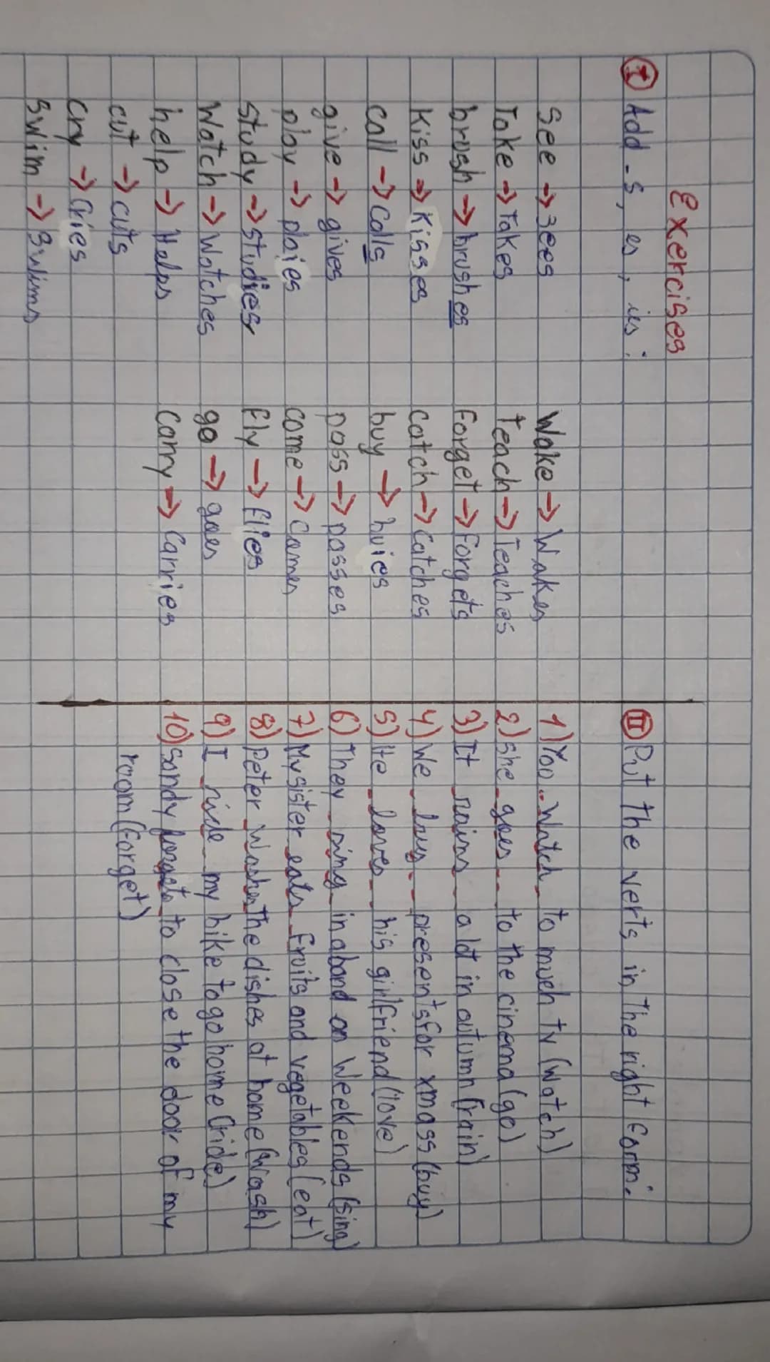 Exercises
⑦Add -s es, is
See ees
Take Takes
brush brushes
Kiss Kisses
call -> Calls
give gives
play → plaies
->
study-studies
Watch-> Watche