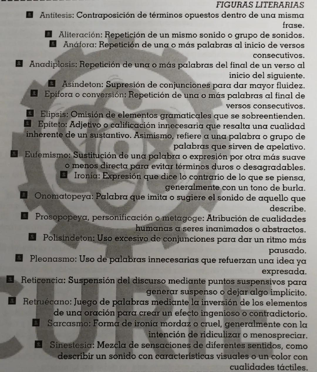 --- OCR Start ---
오
FIGURAS LITERARIAS
☑ Antítesis: Contraposición de términos opuestos dentro de una misma
frase.
☑ Aliteración: Repetición
