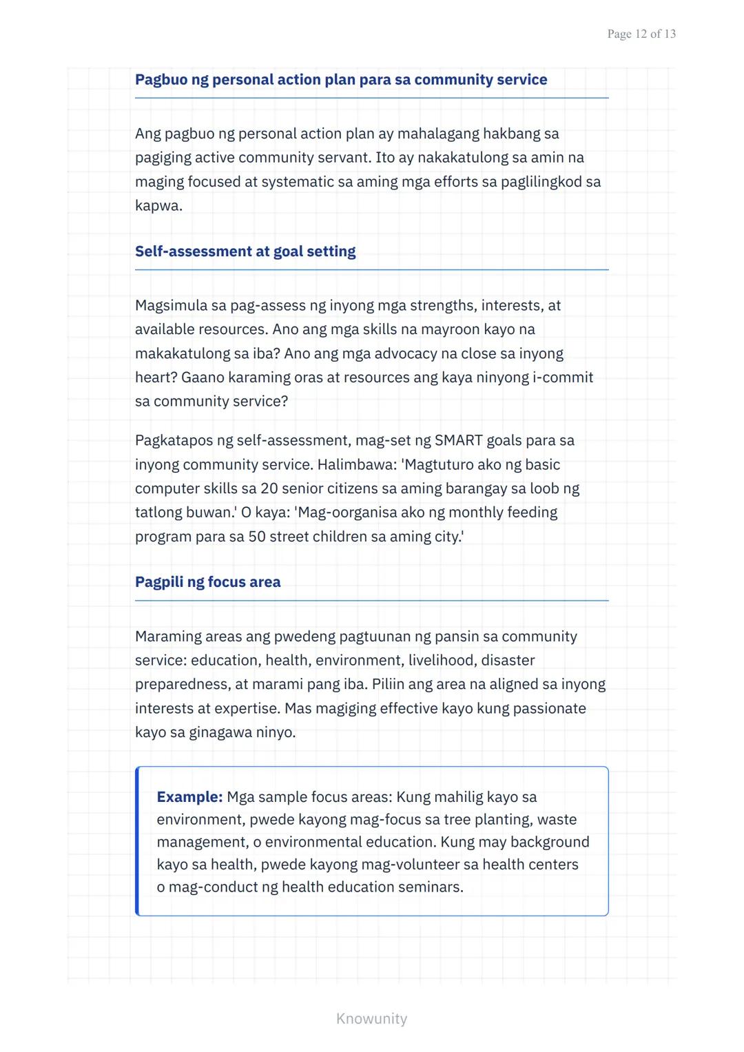 Pagpapalalim sa Pagkilala sa Sarili at Pakikipagkapwa sa
Komunidad
Pag-unawa sa pagtulong sa kapwa at paglilingkod
sa komunidad
Mga Layuning