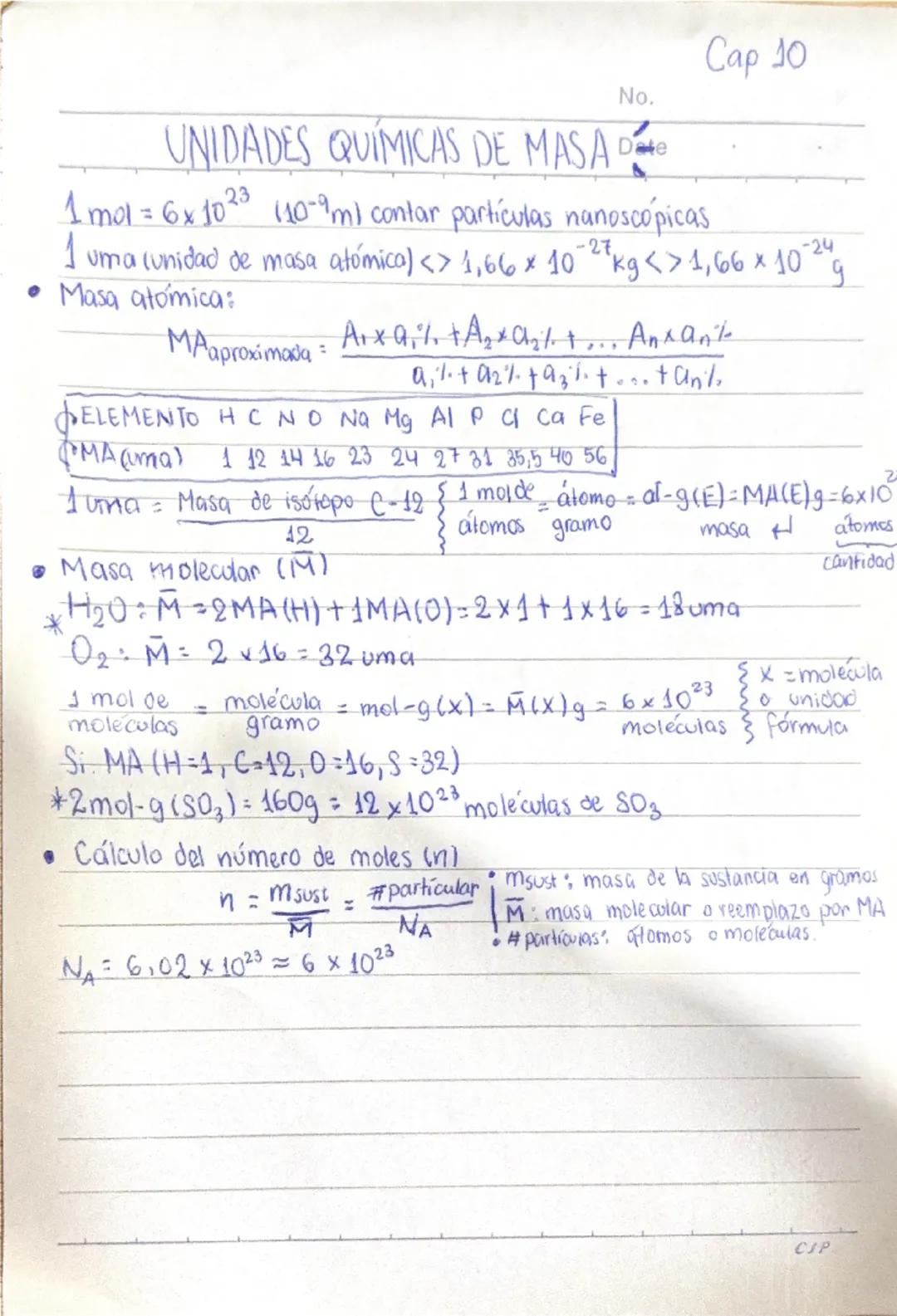 Cap 10
No.
UNIDADES QUÍMICAS DE MASA Date
1 mol = 6x10<sup>23</sup> (10<sup>-9</sup>m) contar partículas nanoscópicas
1 uma (unidad de masa 