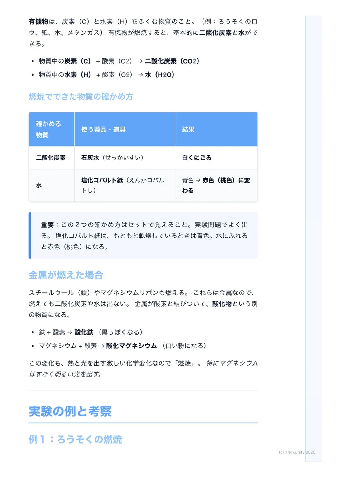 # 燃焼

燃焼とは何か

物質が熱と光を出しながら、激しく酸素と結びつく化学変化のこと。ものが
「燃える」っていう現象。これはただ温められて光るのとは違う。(例:電球
のフィラメント) 燃焼は、もとの物質とは違う、まったく別の物質ができる化
学変化の一つ。ここが大事。

燃焼の