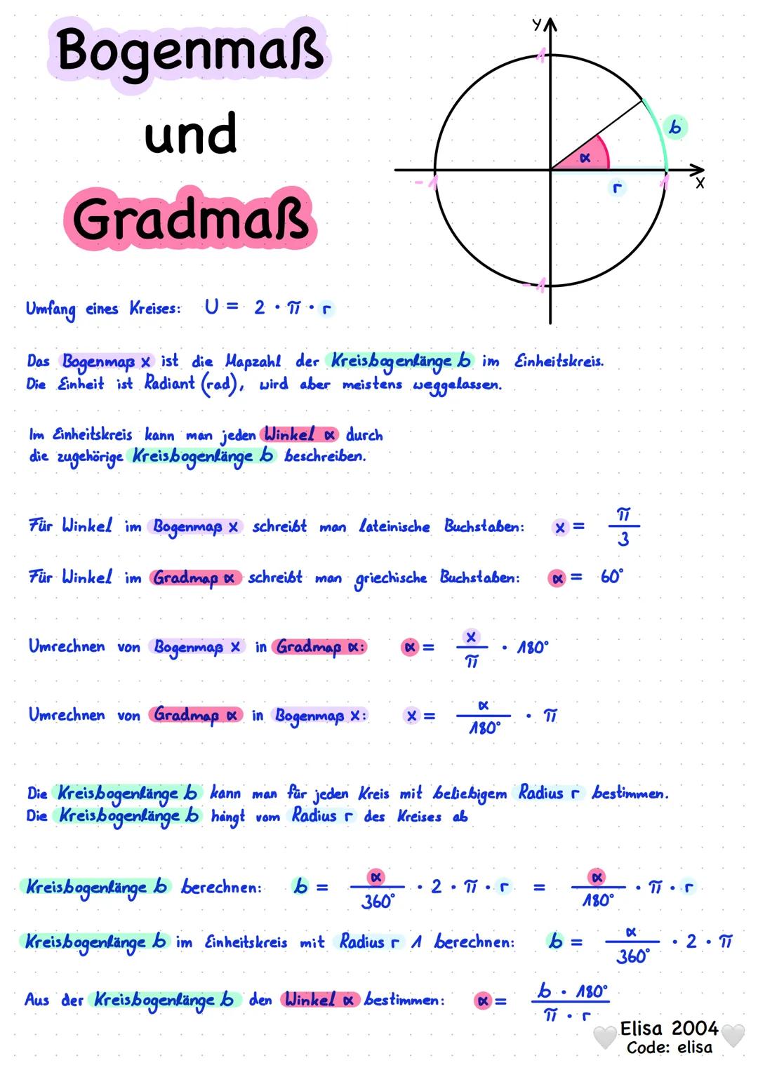 # Bogenmaß

und

Gradmaß

Umfang eines Kreises: U = 2.Π.Γ

b

DX

Das Bogenmaß x ist die Mapzahl der Kreisbagenlänge b im Einheitskreis.
Die