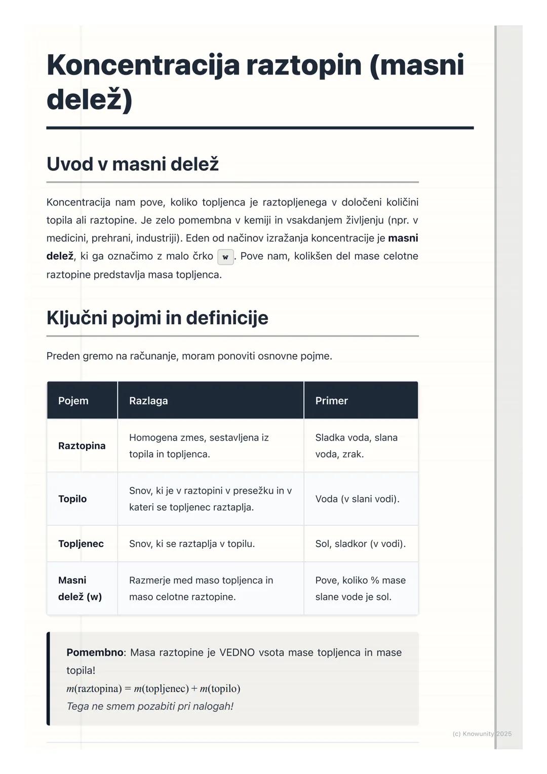# Koncentracija raztopin (masni
delež)

Uvod v masni delež

Koncentracija nam pove, koliko topljenca je raztopljenega v določeni količini
to