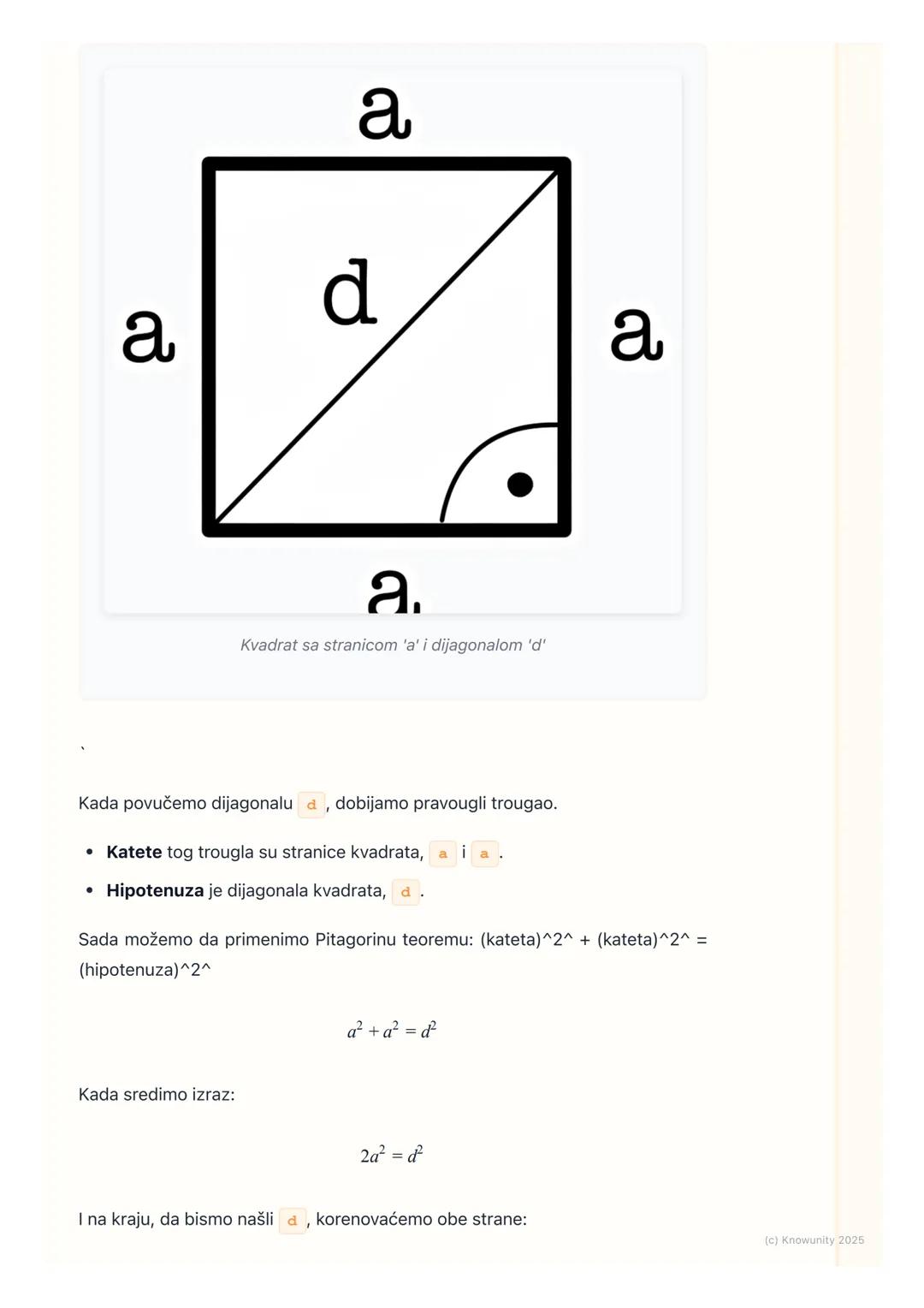 # Primena Pitagorine teoreme u
kvadratu i pravougaoniku

Uvod u primenu teoreme

Pitagorina teorema ($a² + b² = c²$) ne važi samo za apstrak