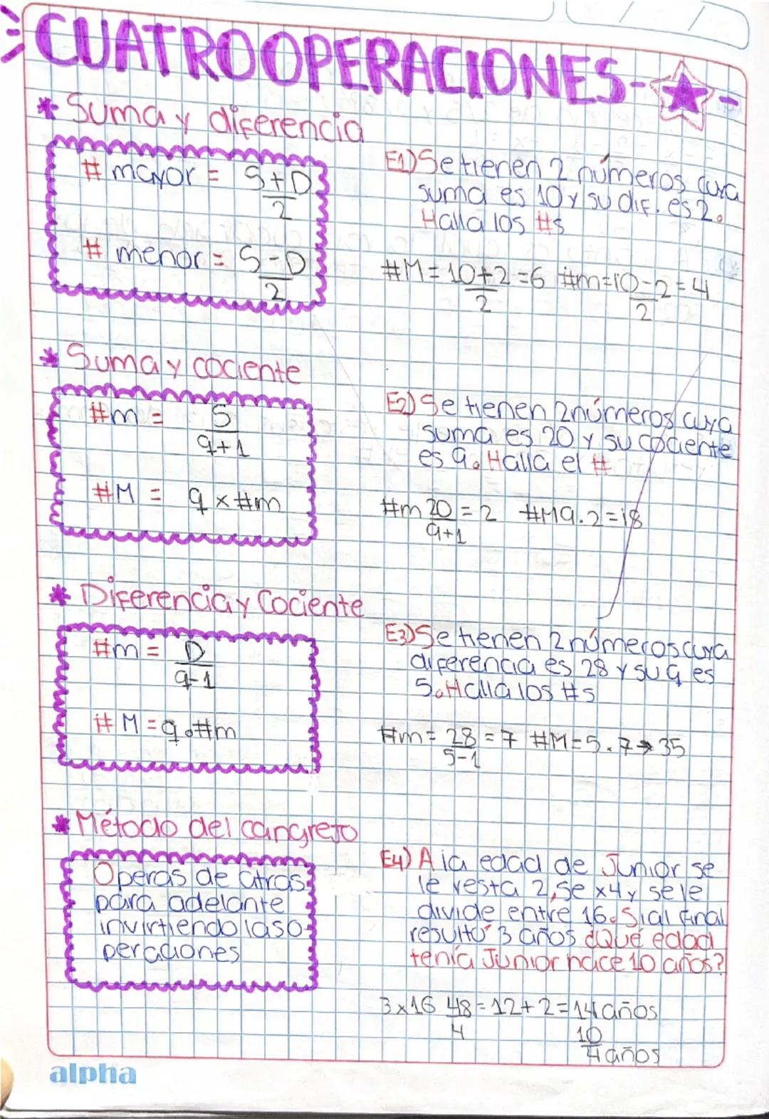 # CUATROOPERACIONES-

* Suma y diferencia

#mayor SD3

E1) Setierien 2 números cura
suma es 10 y su dif.es 2.
Halla los ts

#menor = S-D

#M