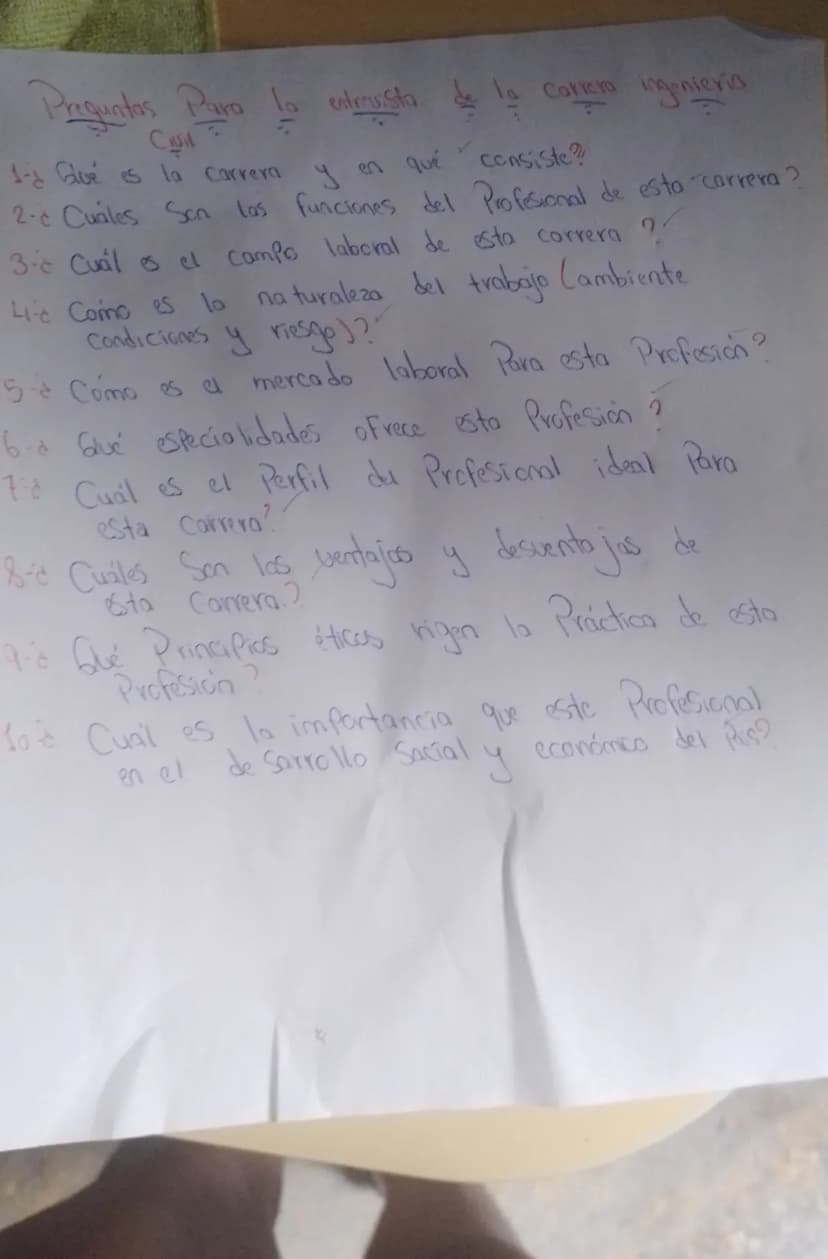 Preguntas Para
Cail
entreysta de la Carrera ingenieria
1- Glue es la Carrera
y e
en qué
Consiste?
2- Cuales Son las funciones del Profesiona