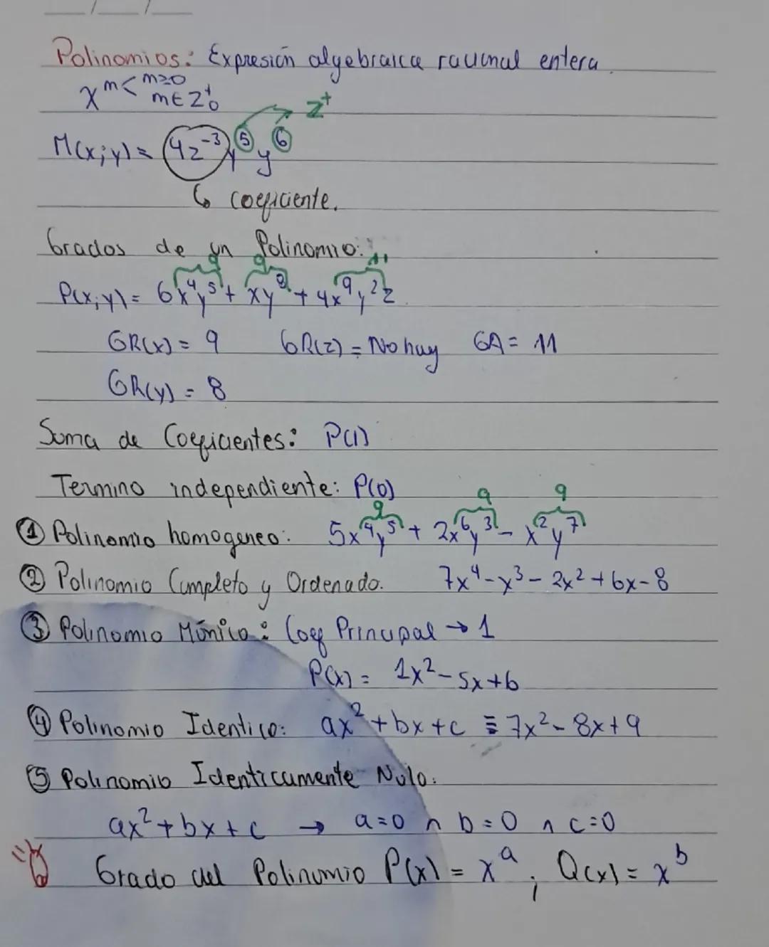 Polinomios. Expresión algebraica rauunal entera.
XM MEZO
366
M(x;y)= 42-34
2+
coeficiente.
Grados de un Polinomio
P(x,y) = 6,5 + xy² + 4x9,2