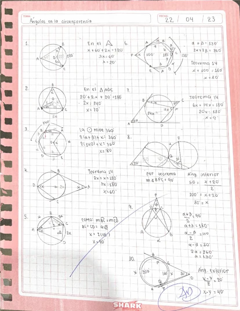 # Ángulos en la circunferencia

1.

![Diagram](diagram1.png)

$x + 60 + 2x = 120$
$3x = 60$
$x = 20$

2.

![Diagram](diagram2.png)

En el $	
