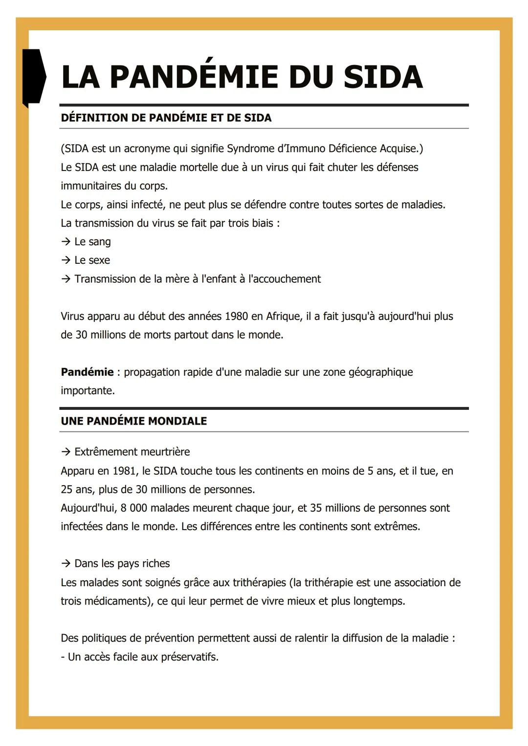 # LA PANDÉMIE DU SIDA

## DÉFINITION DE PANDÉMIE ET DE SIDA

(SIDA est un acronyme qui signifie Syndrome d'Immuno Déficience Acquise.)
Le SI