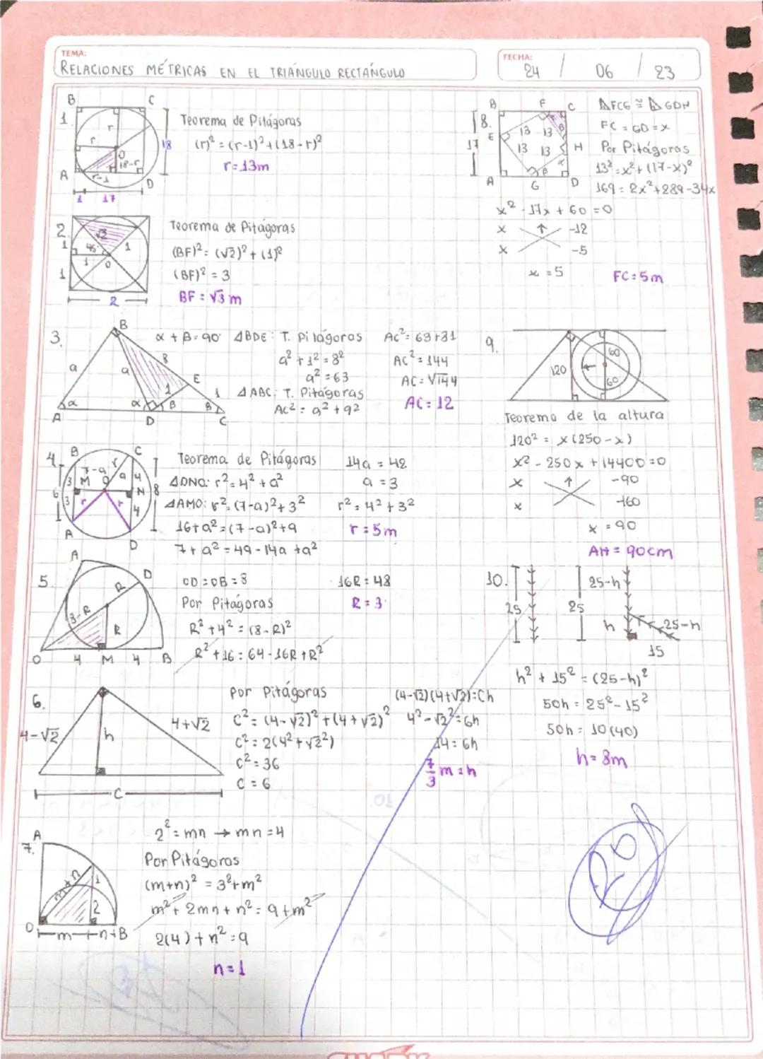 # RELACIONES MÉTRICAS EN EL TRIÁNGULO RECTÁNGULO

1.

![image](https://i.imgur.com/5vK9u9Q.png)

Teorema de Pitágoras

$ (r^2) = (r-1)^2 + (