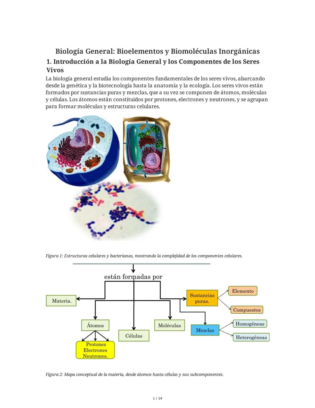 Biología General: Bioelementos y Biomoléculas Inorgánicas
1. Introducción a la Biología General y los Componentes de los Seres
Vivos
La biol