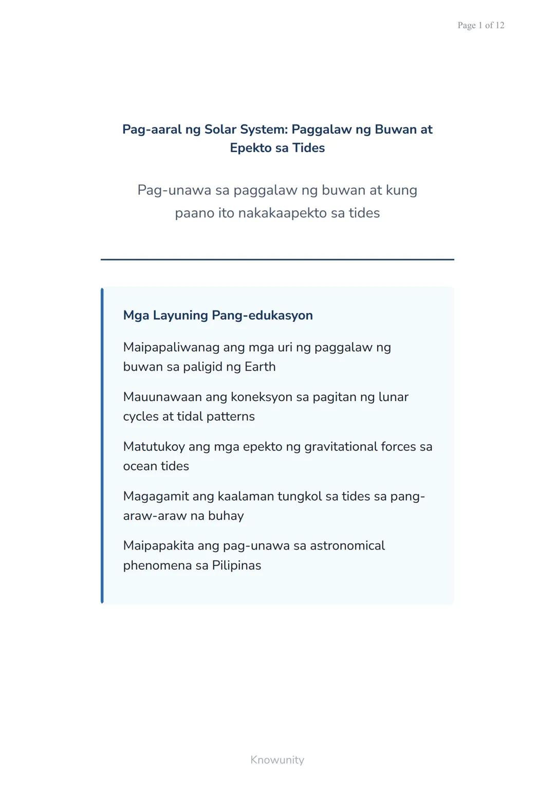 Pag-aaral ng Solar System: Paggalaw ng Buwan at
Epekto sa Tides
Pag-unawa sa paggalaw ng buwan at kung
paano ito nakakaapekto sa tides
Mga L