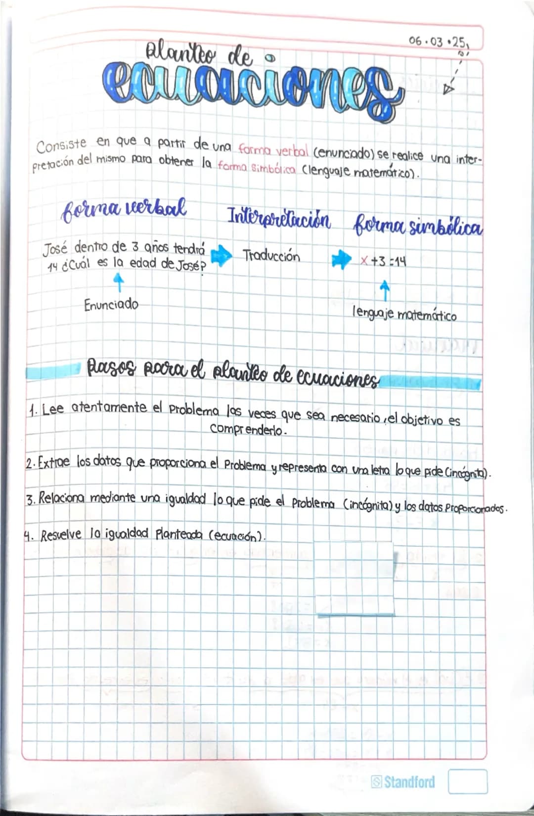 # Planteo de ecuaciones

Consiste en que a partir de una **forma verbal** (enunciado) se realice una interpretación del mismo para obtener l
