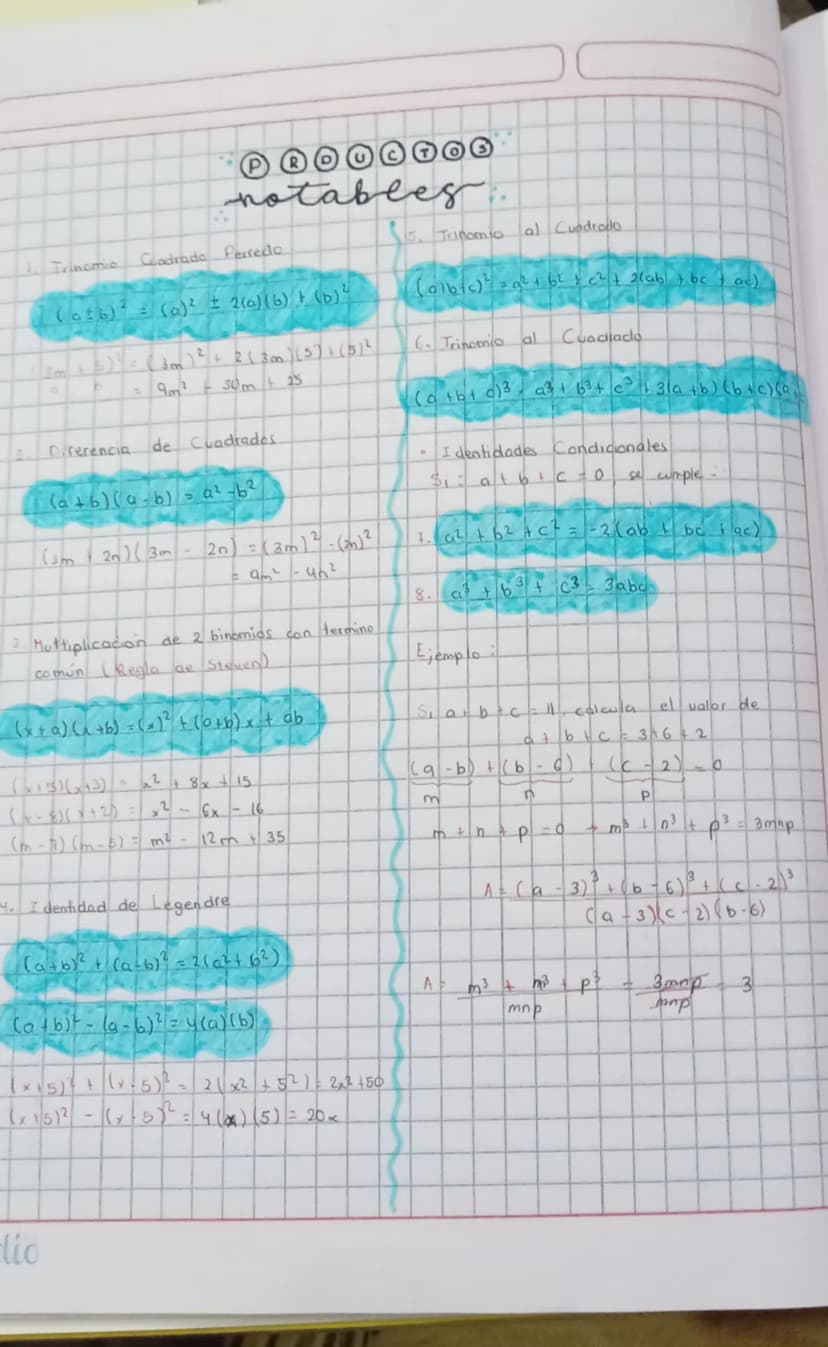 --- OCR Start ---
00000000
notables.
1. Trinomio Cuadrado Perrecto
($a\pm b)^{2}=(a)^{2}\pm2(a)(b)+(b)^{4}$
9m² 30m 25
2. Diferencia de Cuad