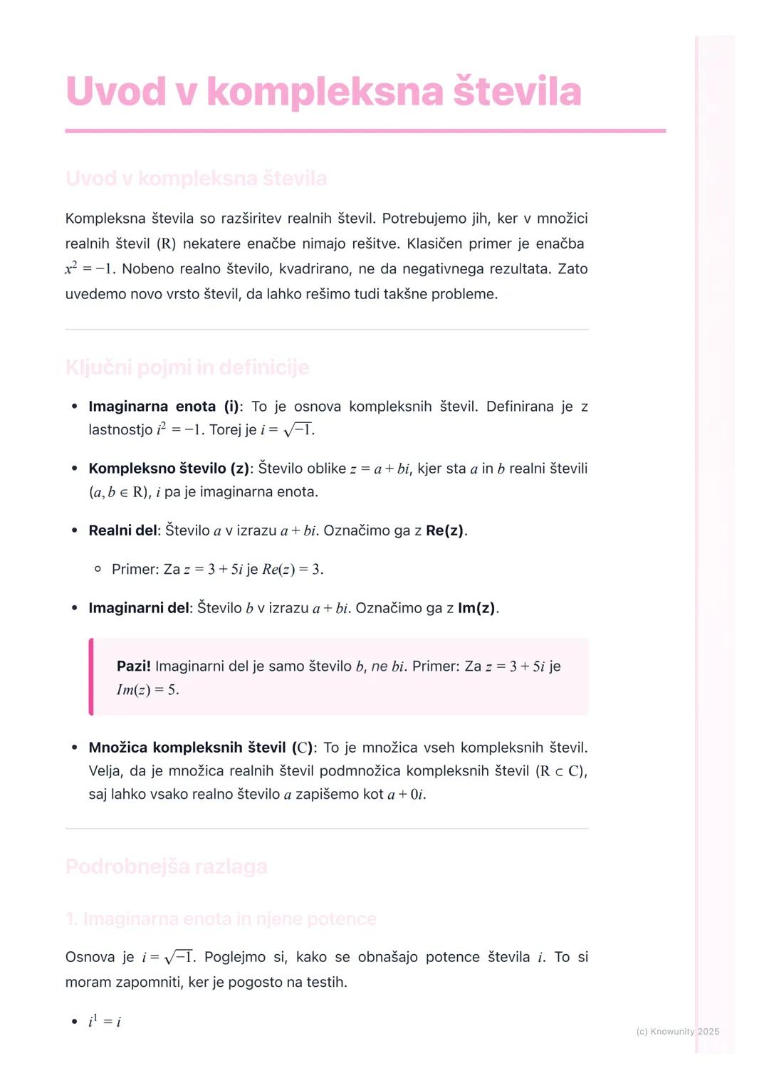 # Uvod v kompleksna števila

Uvod v kompleksna števila

Kompleksna števila so razširitev realnih števil. Potrebujemo jih, ker v množici
real