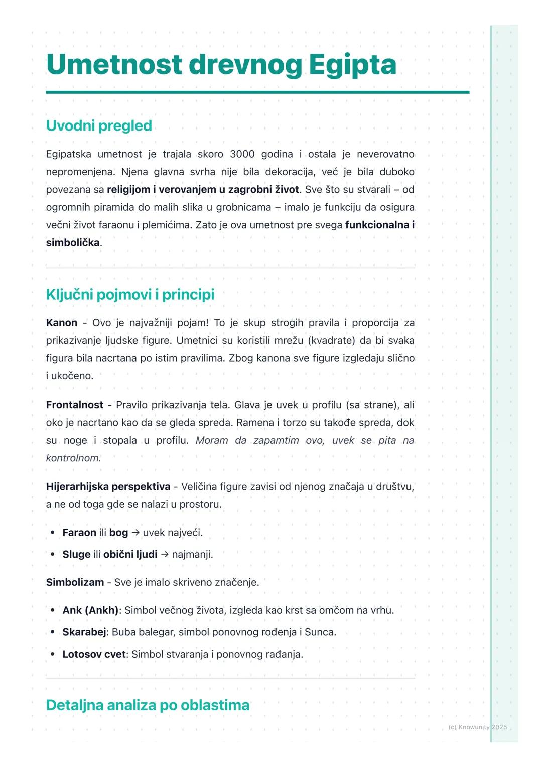 # Umetnost drevnog Egipta

Uvodni pregled

Egipatska umetnost je trajala skoro 3000 godina i ostala je neverovatno
nepromenjena. Njena glavn