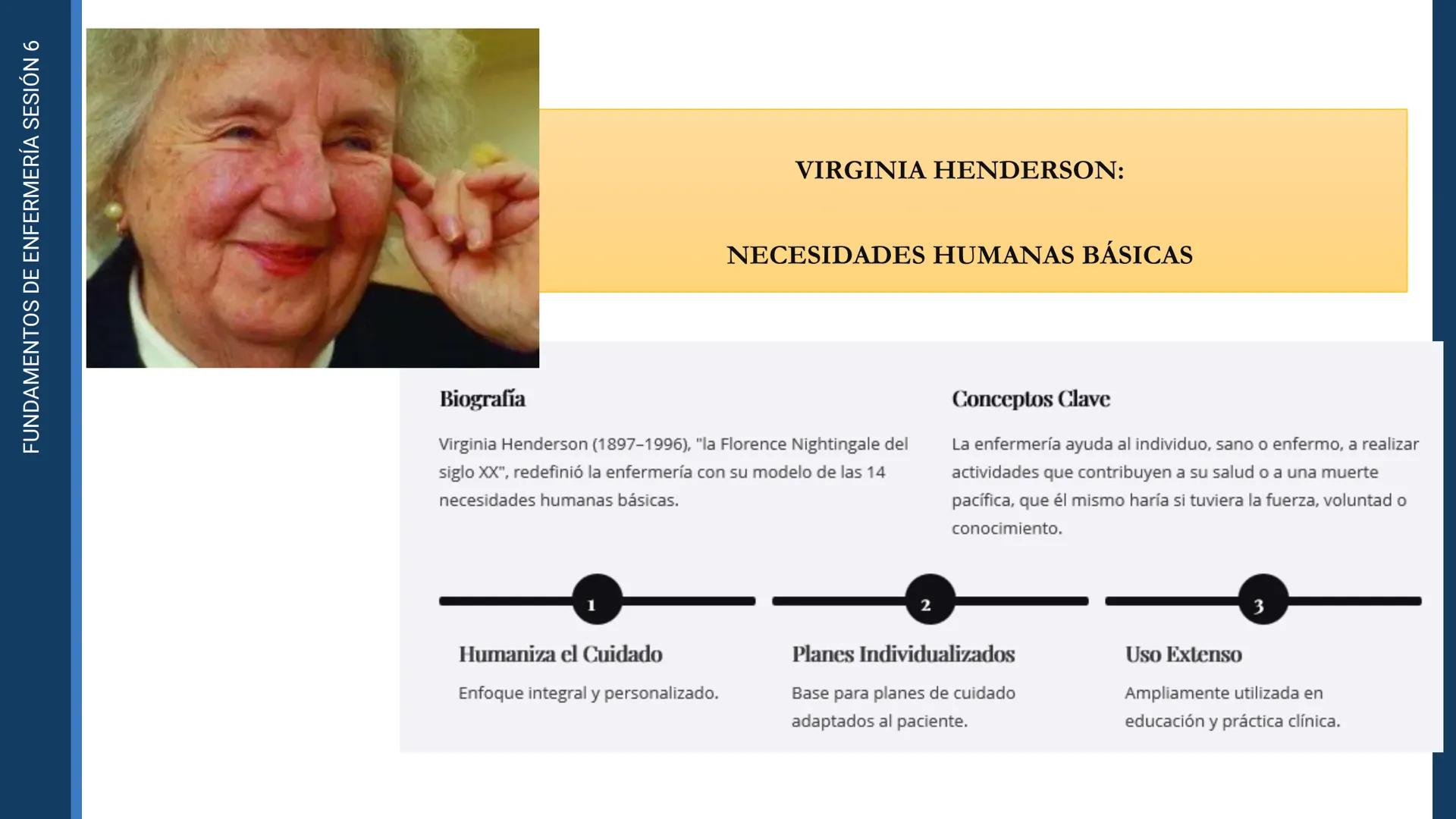 Pregrado
Programa de
Enfermería

FUNDAMENTOS DE
ENFERMERÍA

Sesión 6

Tema:
Teoría de las necesidades humanas de
Virginia Henderson.
Teoría 