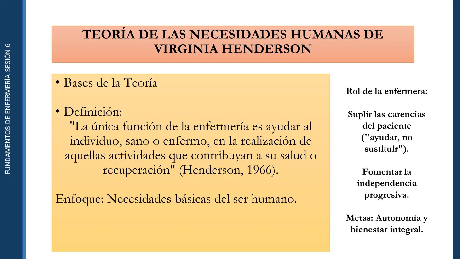 Pregrado
Programa de
Enfermería

FUNDAMENTOS DE
ENFERMERÍA

Sesión 6

Tema:
Teoría de las necesidades humanas de
Virginia Henderson.
Teoría 