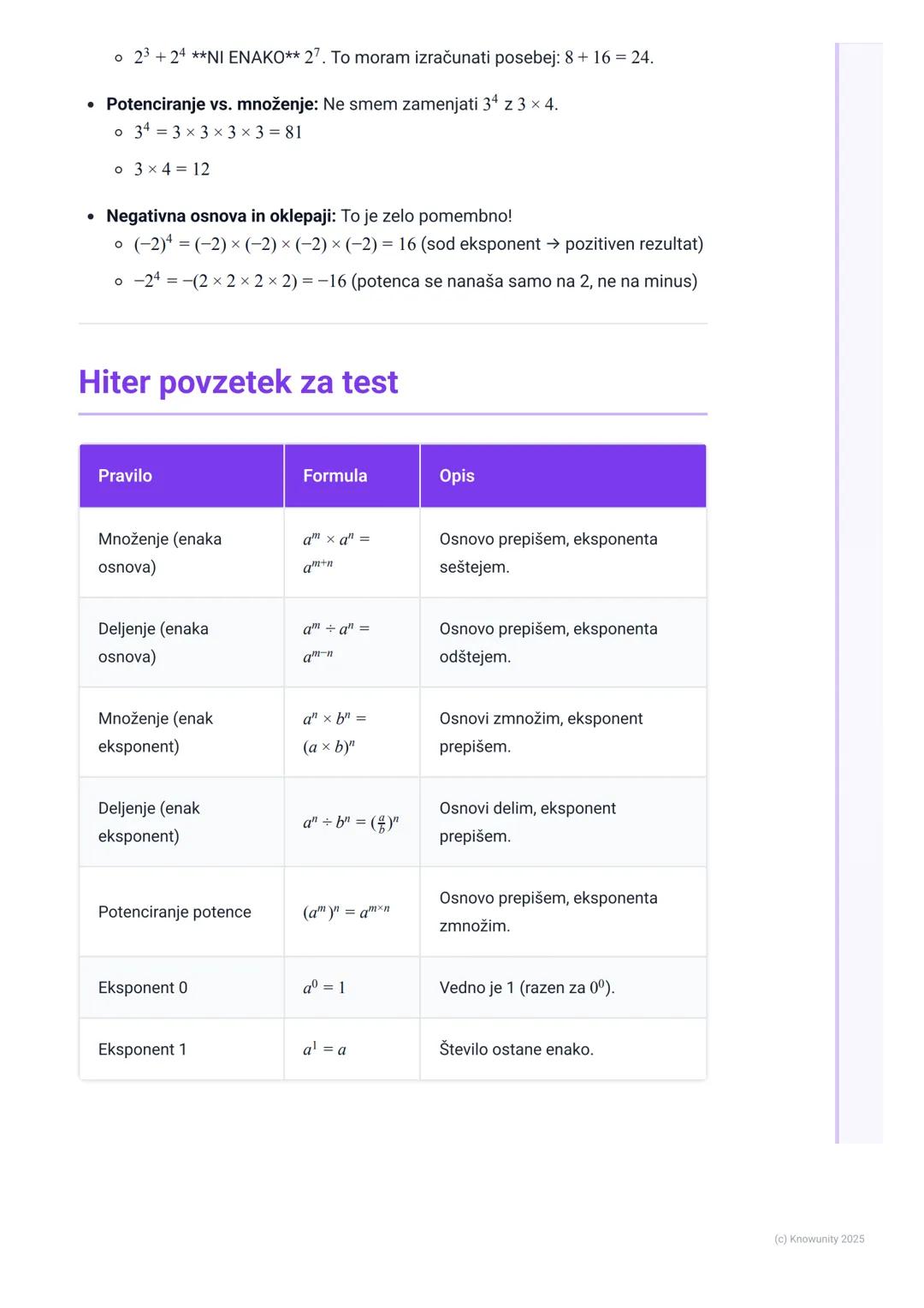 # Potence

## Kaj so potence?

Potence so v bistvu samo krajši način za zapis množenja istega števila večkrat
zapored. Namesto da pišemo 2×2