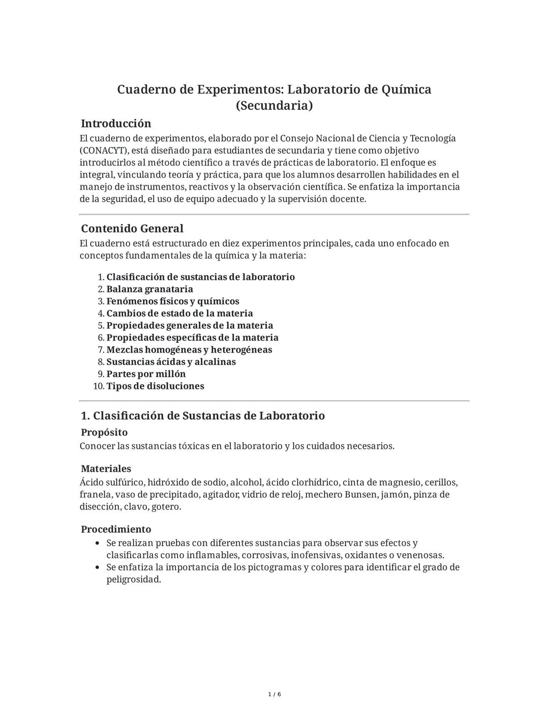 # Cuaderno de Experimentos: Laboratorio de Química

## Introducción
(Secundaria)

El cuaderno de experimentos, elaborado por el Consejo Naci