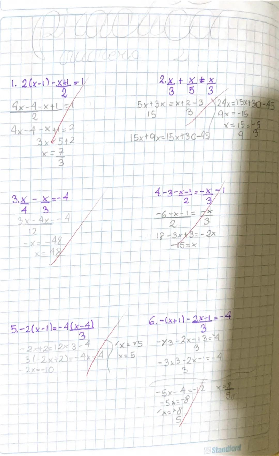 1. 2(x-1)-x+1=1
   2
   4x-4-x+1=1
   2
   4x-4-x+1=2
   3x5+2
   x=7
   3

2. x + x + x
   353
   5x+3x=x+2-324x=15x+30-45
   15
   3
   15