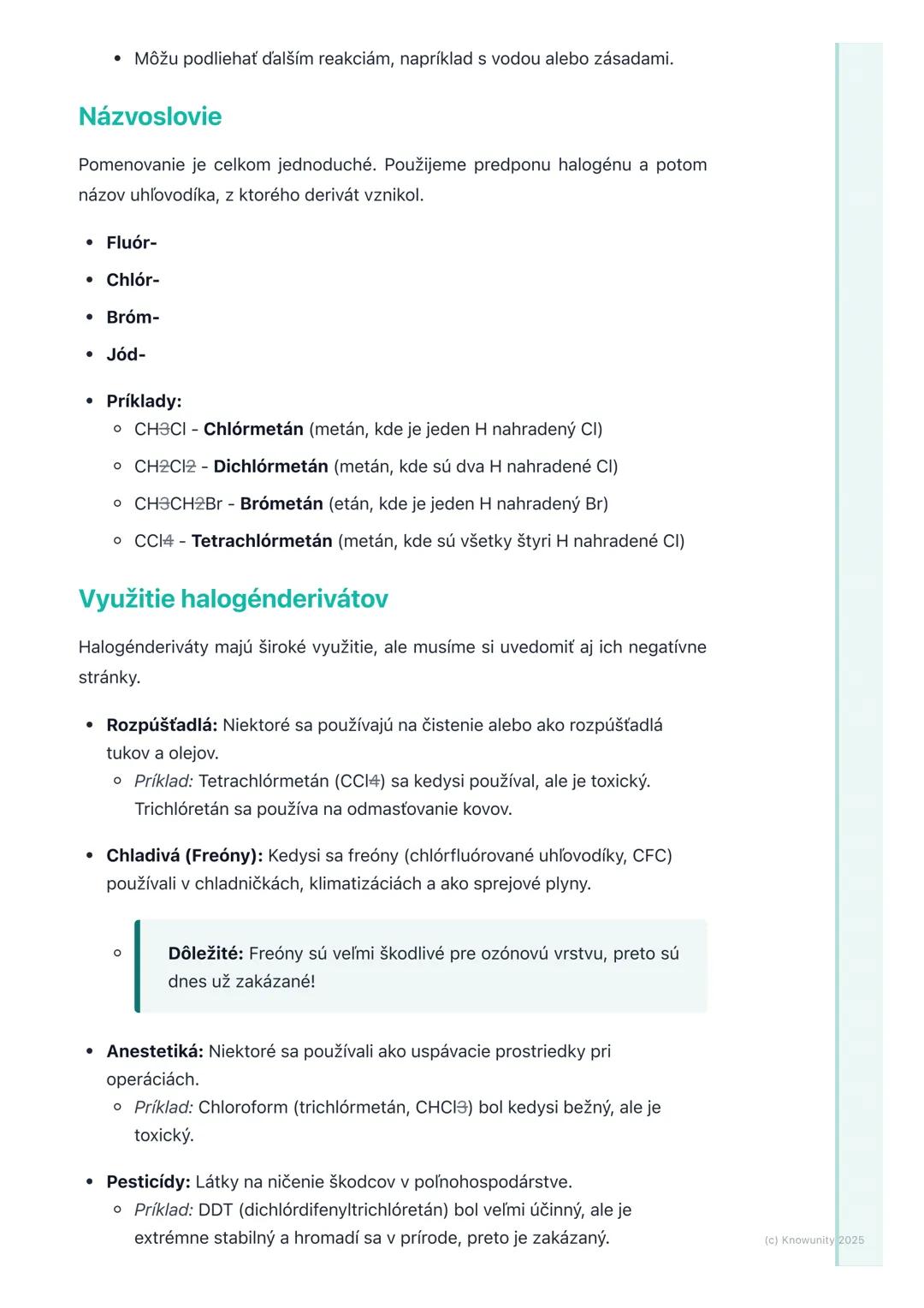 # Halogénderiváty

## 1. Prehľad / Úvod

Takže, dnes sa pozrieme na halogénderiváty. Sú to organické zlúčeniny, čo
znamená, že obsahujú uhlí