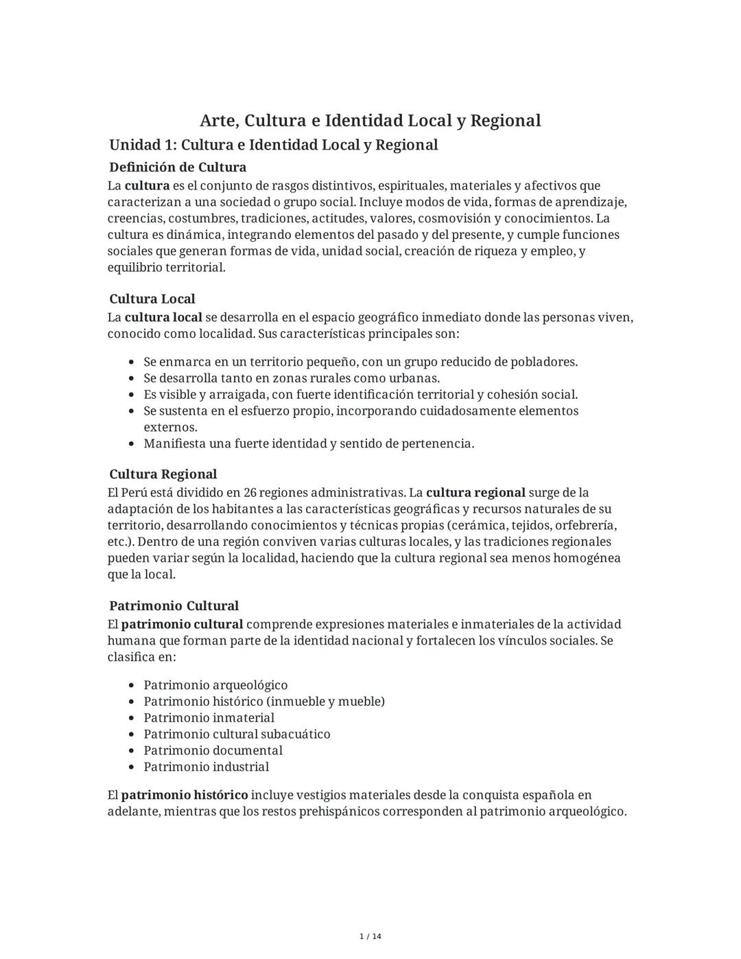 # Unidad 1: Arte, Cultura e Identidad Local y Regional

## Definición de Cultura

La cultura es el conjunto de rasgos distintivos, espiritua