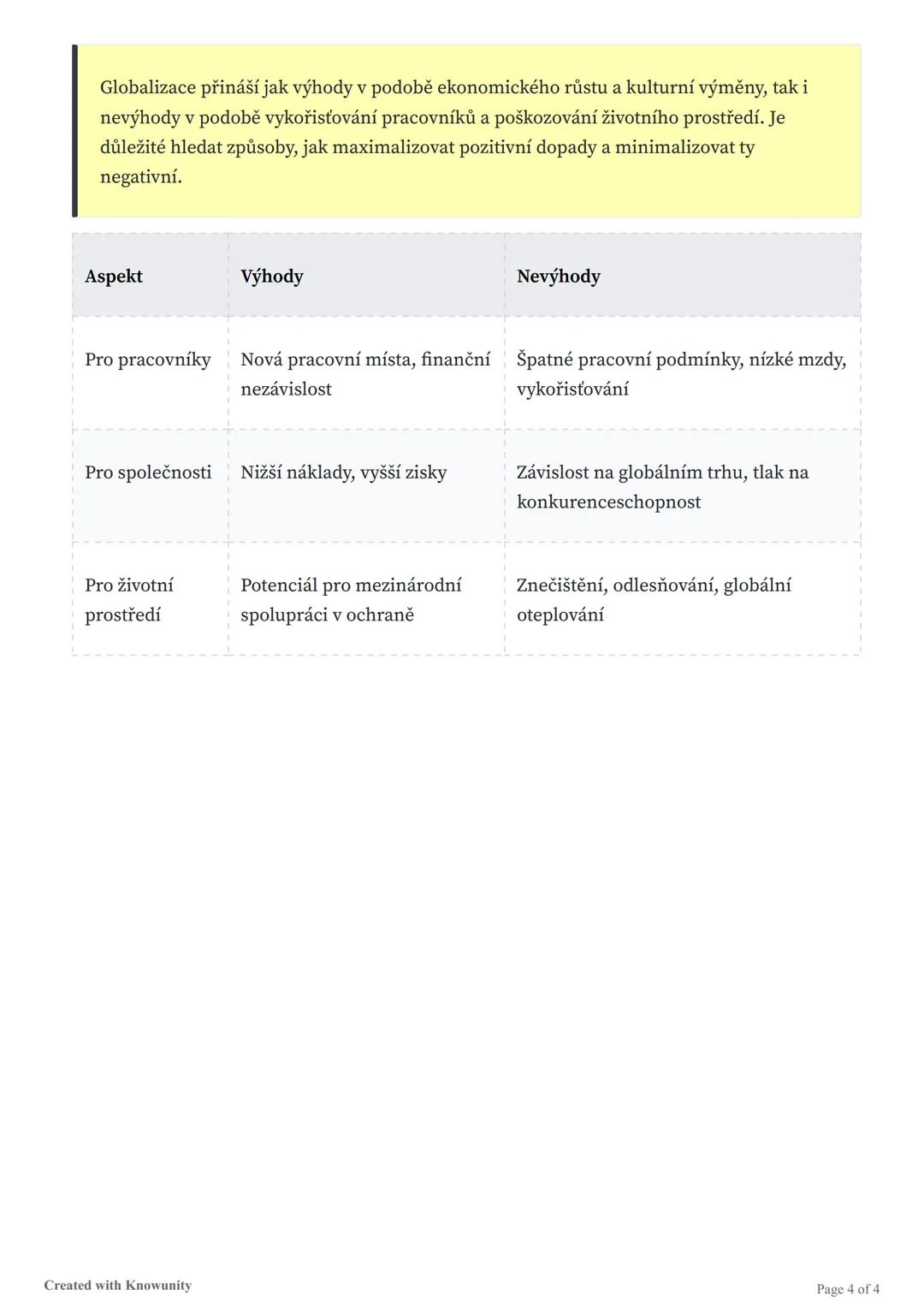 # Výhody a nevýhody globalizace

Přehled výhod a nevýhod globalizace pro pracovníky, společnosti a životní prostředí.

# Výhody a nevýhody g