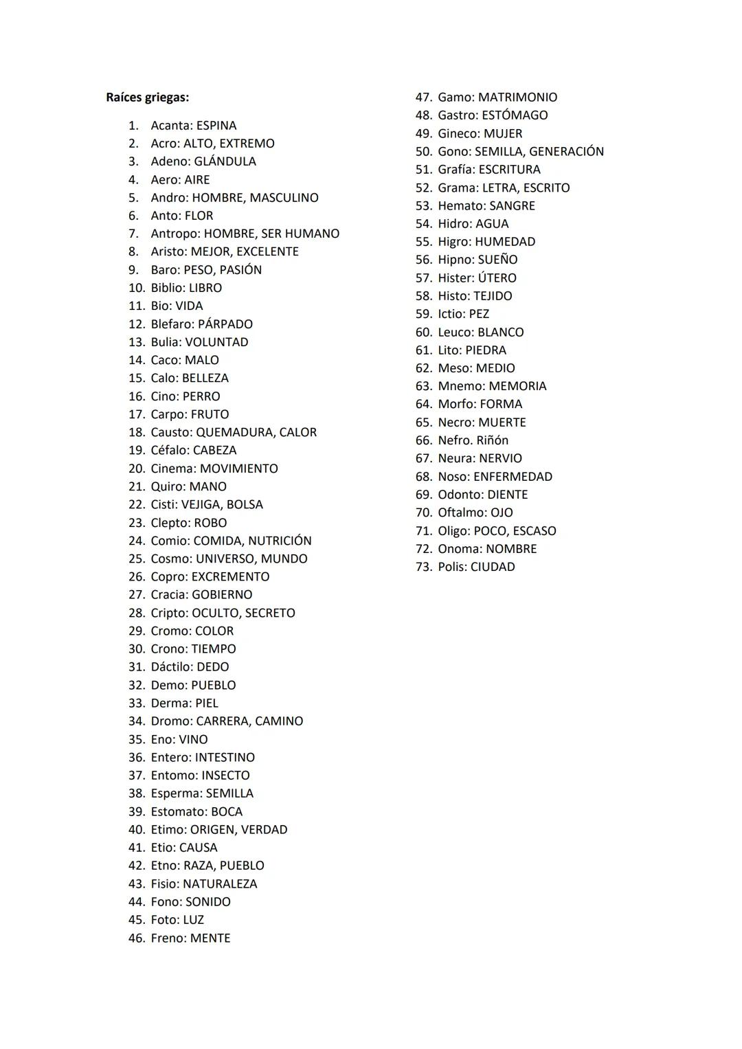 Raíces griegas:

1.  Acanta: ESPINA
2.  Acro: ALTO, EXTREMO
3.  Adeno: GLÁNDULA
4.  Aero: AIRE
5.  Andro: HOMBRE, MASCULINO
6.  Anto: FLOR
7