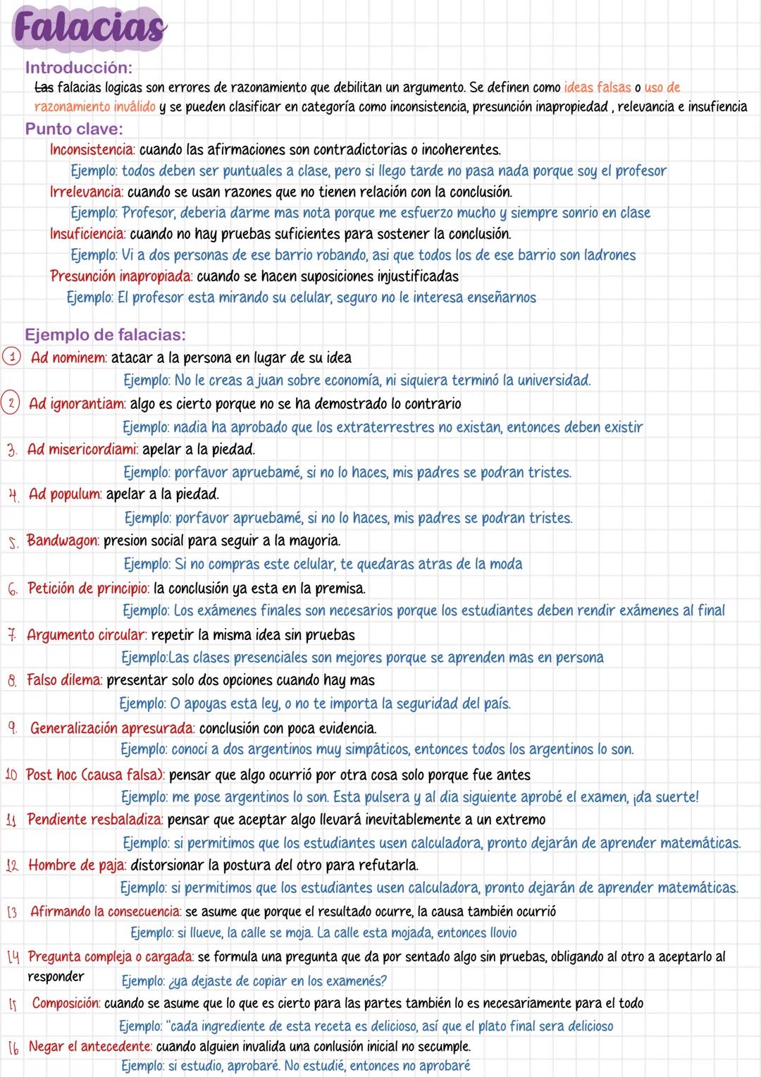 # Falacias

Introducción:
Las falacias logicas son errores de razonamiento que debilitan un argumento. Se definen como ideas falsas o uso de