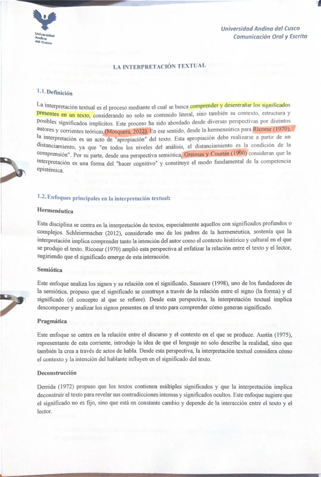 # LA INTERPRETACIÓN TEXTUAL

## 1.1. Definición

La interpretación textual es el proceso mediante el cual se busca comprender y desentrañar 