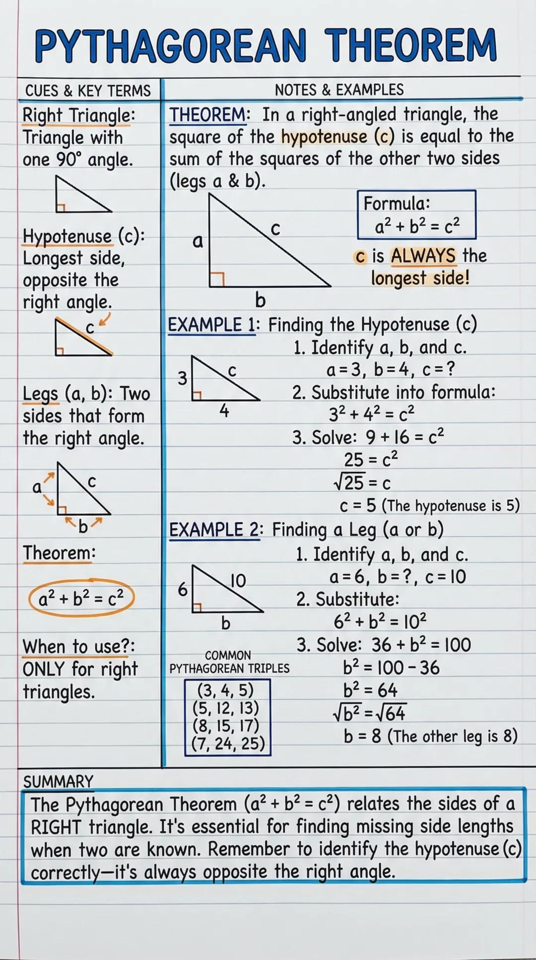 # PYTHAGOREAN THEOREM

CUES & KEY TERMS
Right Triangle:
Triangle with
one 90° angle.

Hypotenuse (c):
Longest side,
opposite the
right angle