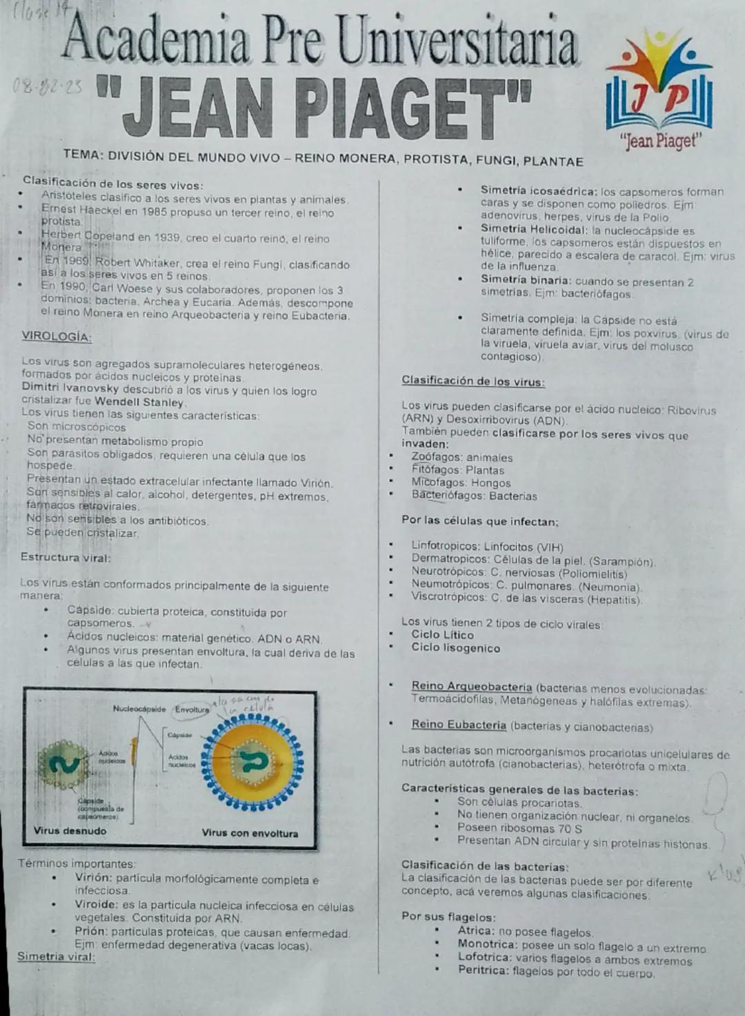 Clase 14
# Academia Pre Universitaria
08-82-25
# "JEAN PIAGET"

### TEMA: DIVISIÓN DEL MUNDO VIVO - REINO MONERA, PROTISTA, FUNGI, PLANTAE

