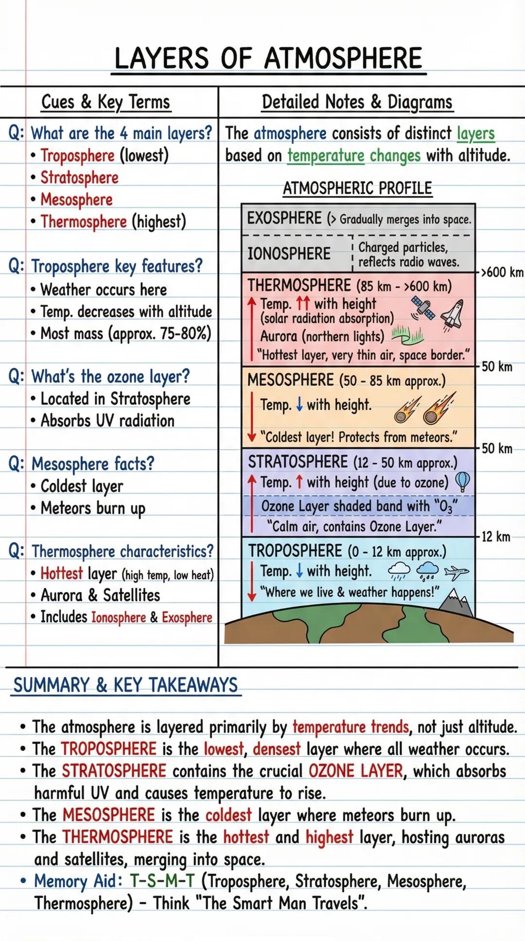 # LAYERS OF ATMOSPHERE

| Cues & Key Terms                                  | Detailed Notes & Diagrams                                     