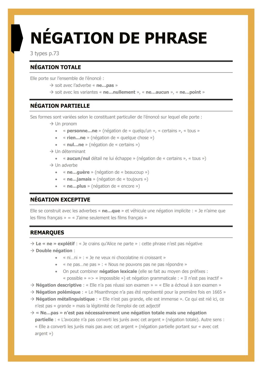 # NÉGATION DE PHRASE

3 types p.73

NÉGATION TOTALE

Elle porte sur l'ensemble de l'énoncé :

→ soit avec l'adverbe « ne...pas »

→ soit ave