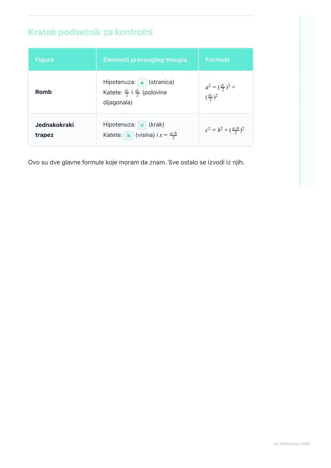 # Primena Pitagorine teoreme u
rombu i trapezu

Primena Pitagorine teoreme: Romb i trapez

Pitagorina teorema ne služi samo za rešavanje pra